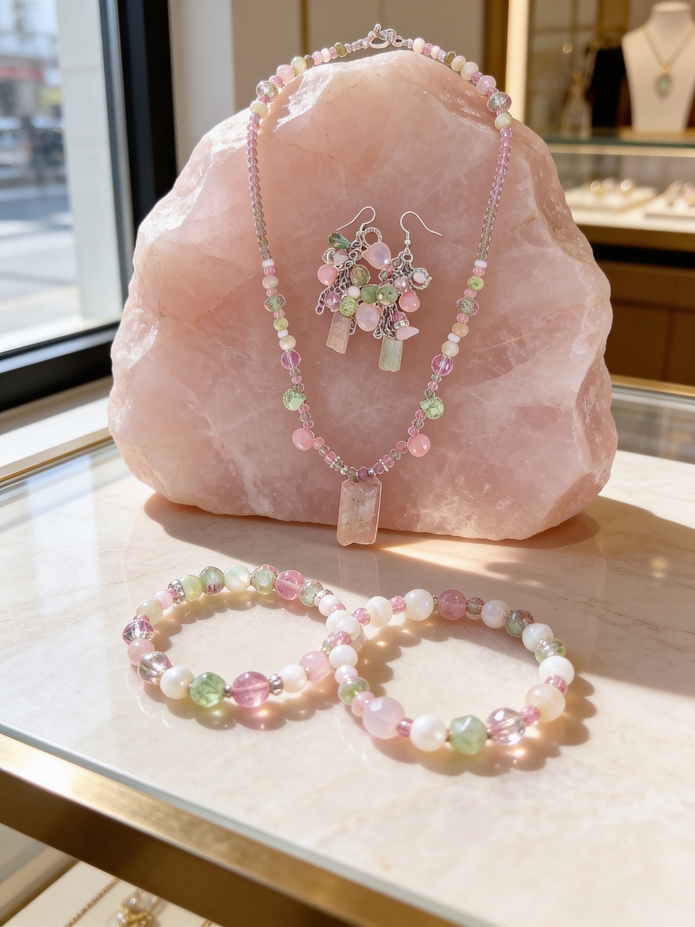Handmade Rose Quartz And Adventurine Gemstone Necklace, Bracelet, Earrings Set